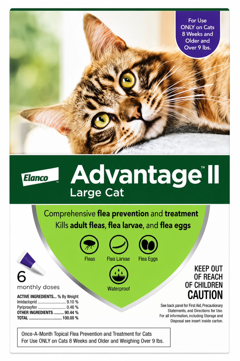 Elanco Advantage II Large Cat flea prevention packaging with a cat on the cover.
