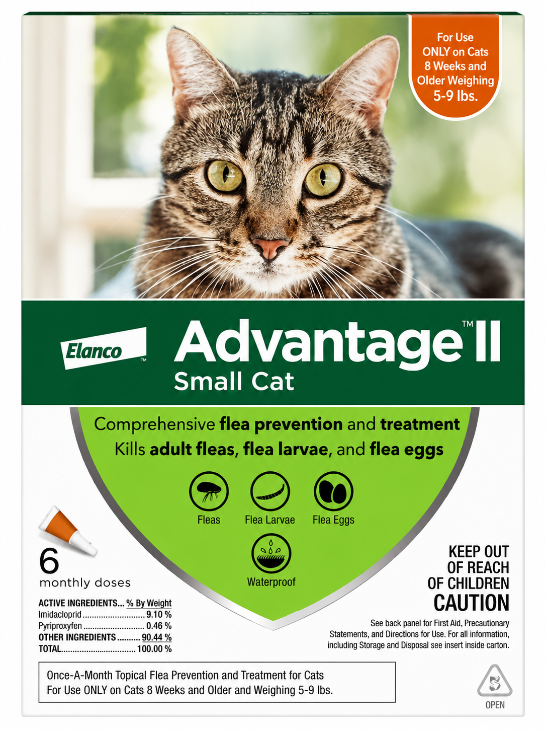 Elanco Advantage II small cat flea prevention packaging with a cat on a green background