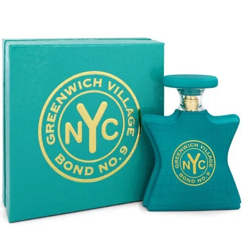 Teal perfume bottle and packaging with 'Greenwich Village Bond No. 9' logo on a white background