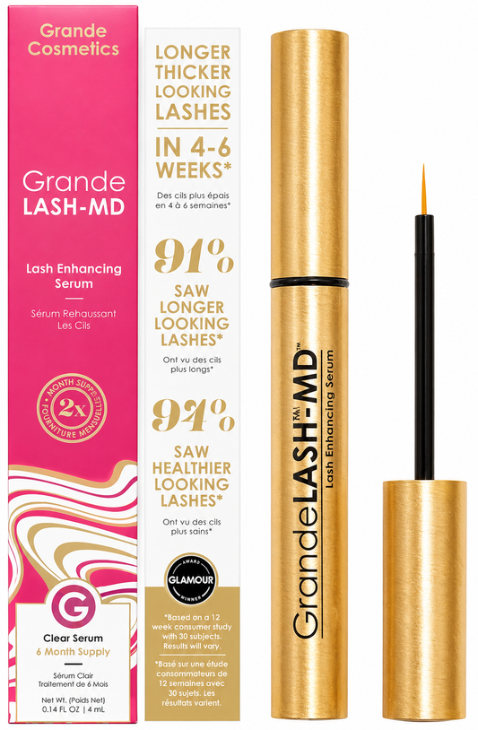 Grande Cosmetics Lash MD serum packaging and applicator on a white background