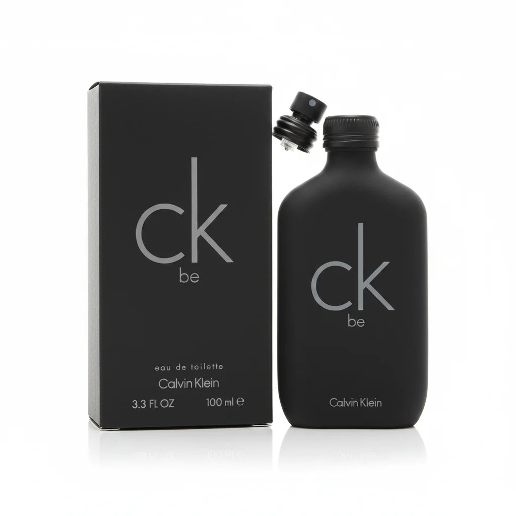 Black Calvin Klein perfume bottle and packaging on a white background