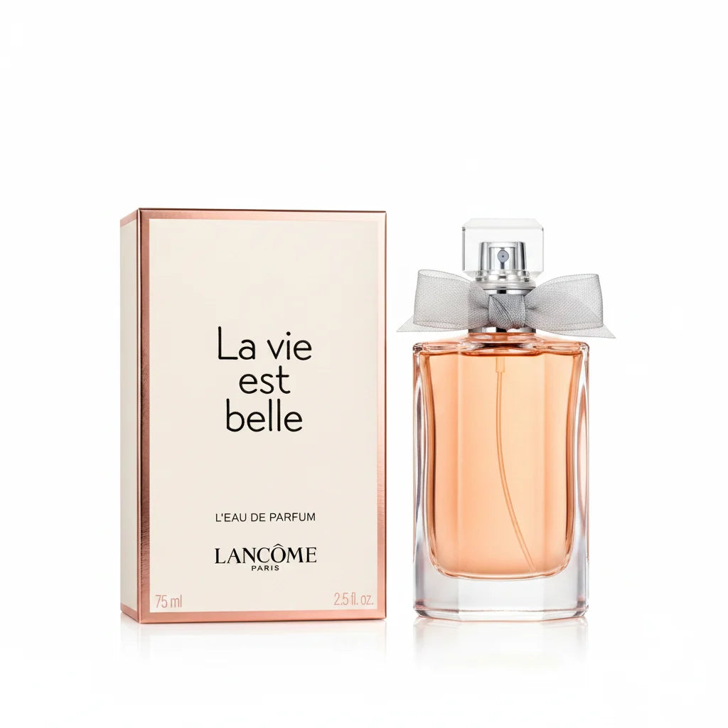 Lancème La Vie Est Belle perfume bottle and packaging on a white background