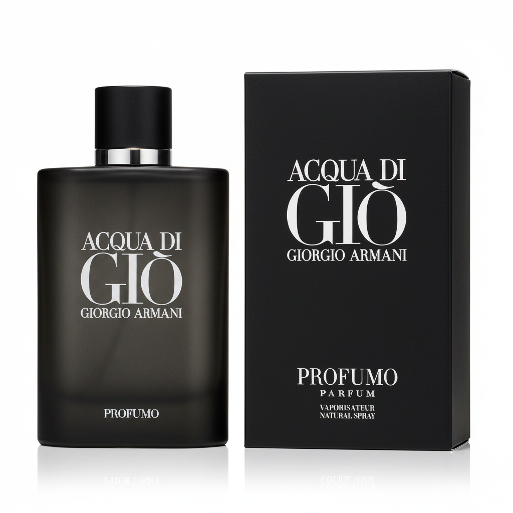 Acqua di Giò Giorgio Armani perfume bottle and packaging on a neutral background