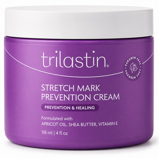 Purple jar of trilastin stretch mark prevention cream on a white background