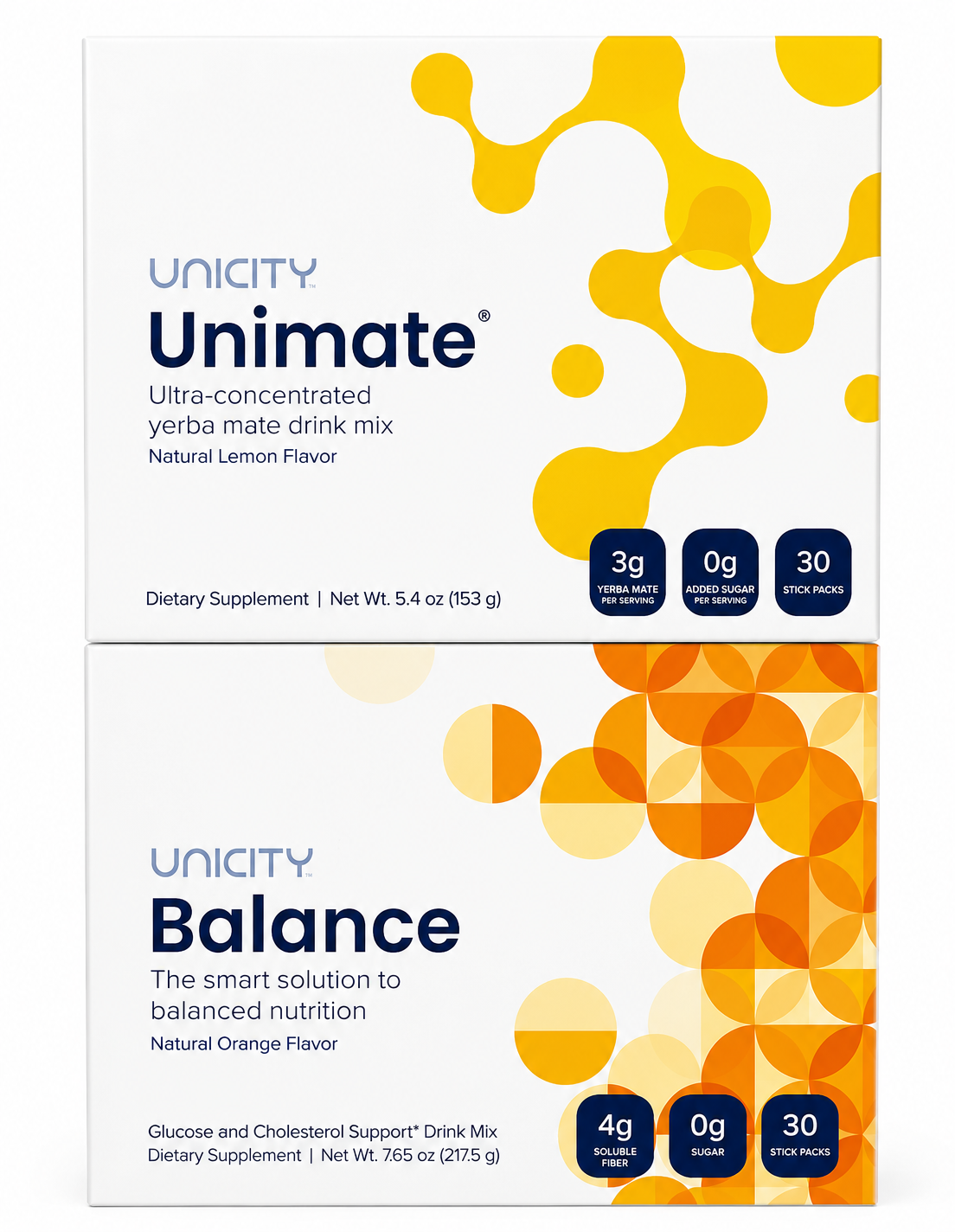 Unicity Feel Great Combo - Unimate Natural Lemon and Balance Orange 30 Stick Packs Each